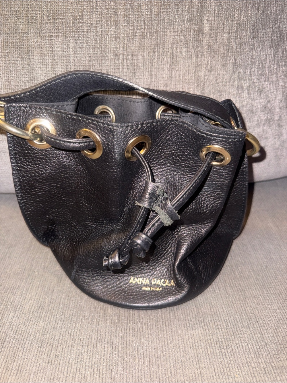 Black Mini Drawstring Bucket Bag with Gold Hardware